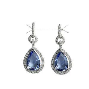 Ceylon Blue Sapphire CZ halo drop earrings in Sterling Silver